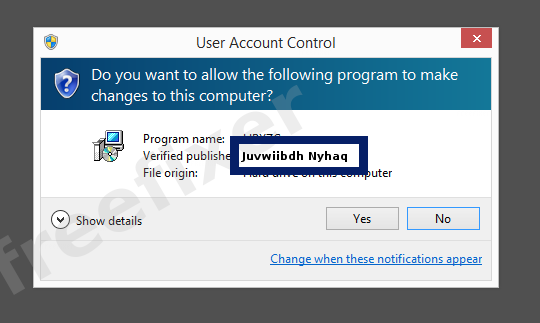 Screenshot where Juvwiibdh Nyhaq appears as the verified publisher in the UAC dialog